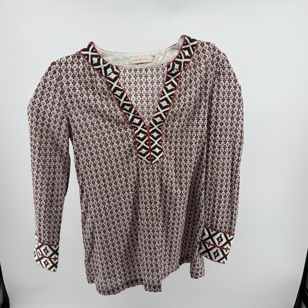 Tory Burch Printed Tunic Top Women's Size 6 Boho Embroidered Long Sleeve Resort